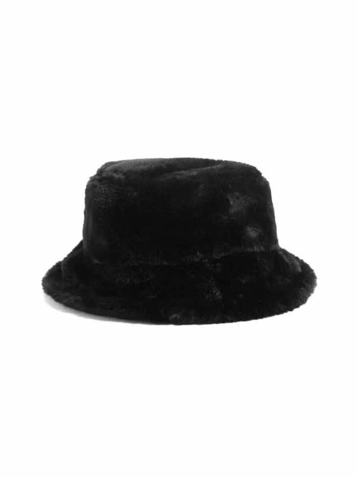 Women GUESS Hats and Scarves Reversible FauxFur Bucket Hat Black