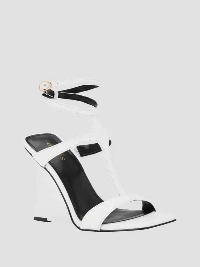 Women GUESS Heels Bacio TStrap Wedge Heels Wht Floral
