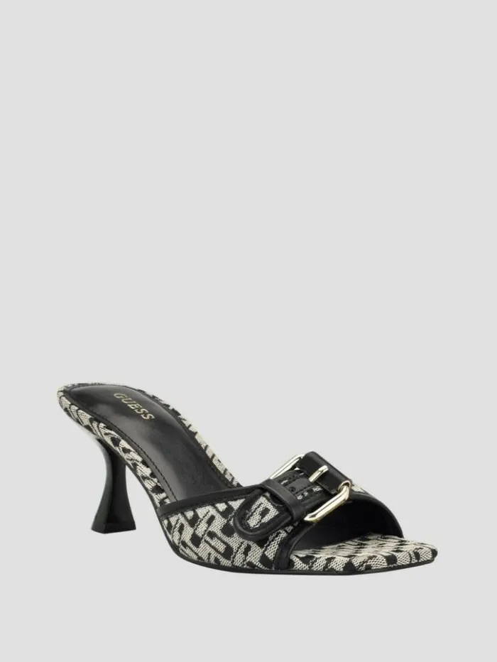 Women GUESS Heels Dista Buckled Logo Kitten Heels Black 001