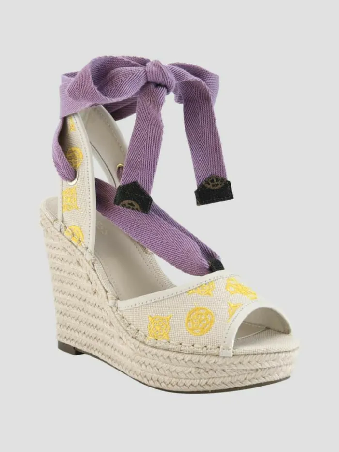 Women GUESS Heels Halona Tie Espadrille Wedges Light Natural
