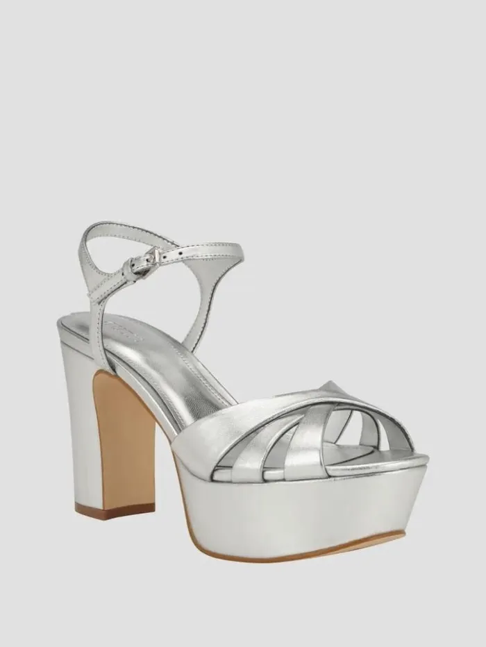 Women GUESS Heels Haylo Crisscross Platform Block Heels Silver 040