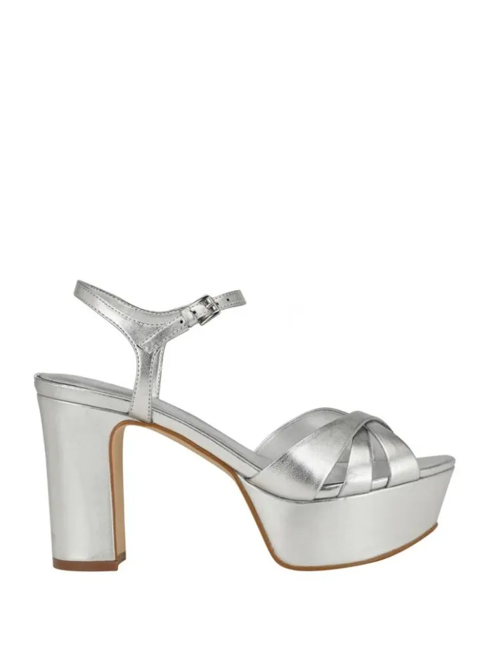 Women GUESS Heels Haylo Crisscross Platform Block Heels Silver 040