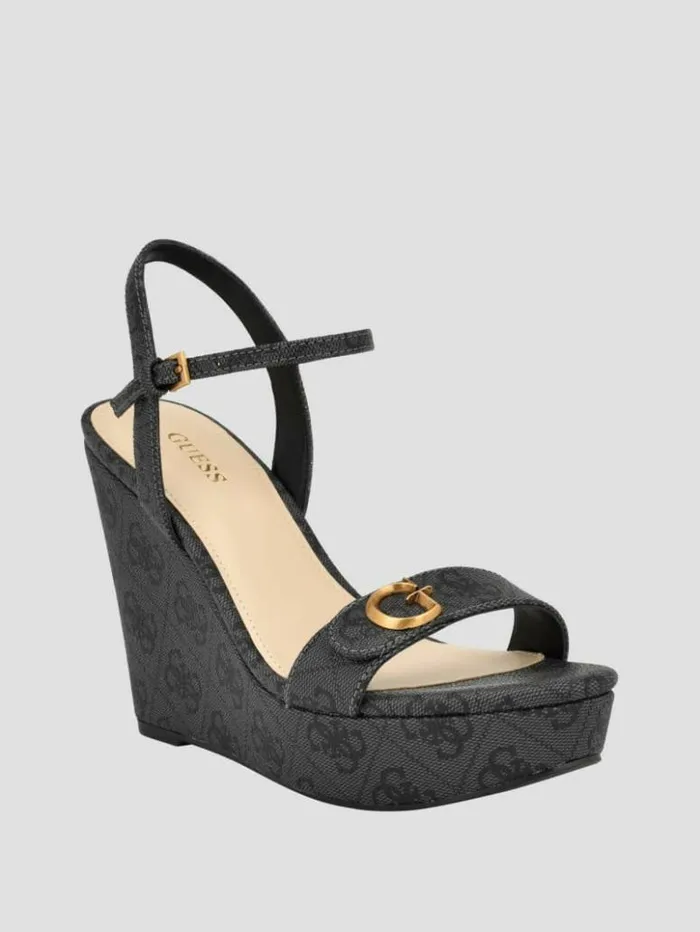 Women GUESS Heels Himifa Shimmer Metallic G Wedge Sandals Black 001