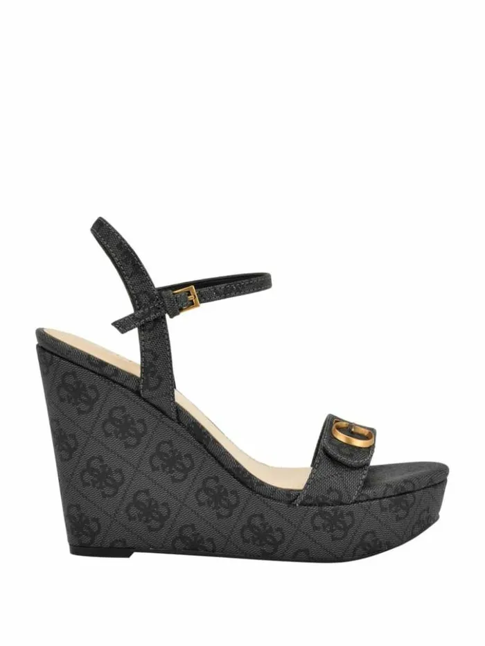 Women GUESS Heels Himifa Shimmer Metallic G Wedge Sandals Black 001