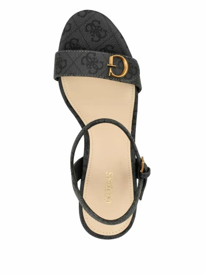 Women GUESS Heels Himifa Shimmer Metallic G Wedge Sandals Black 001