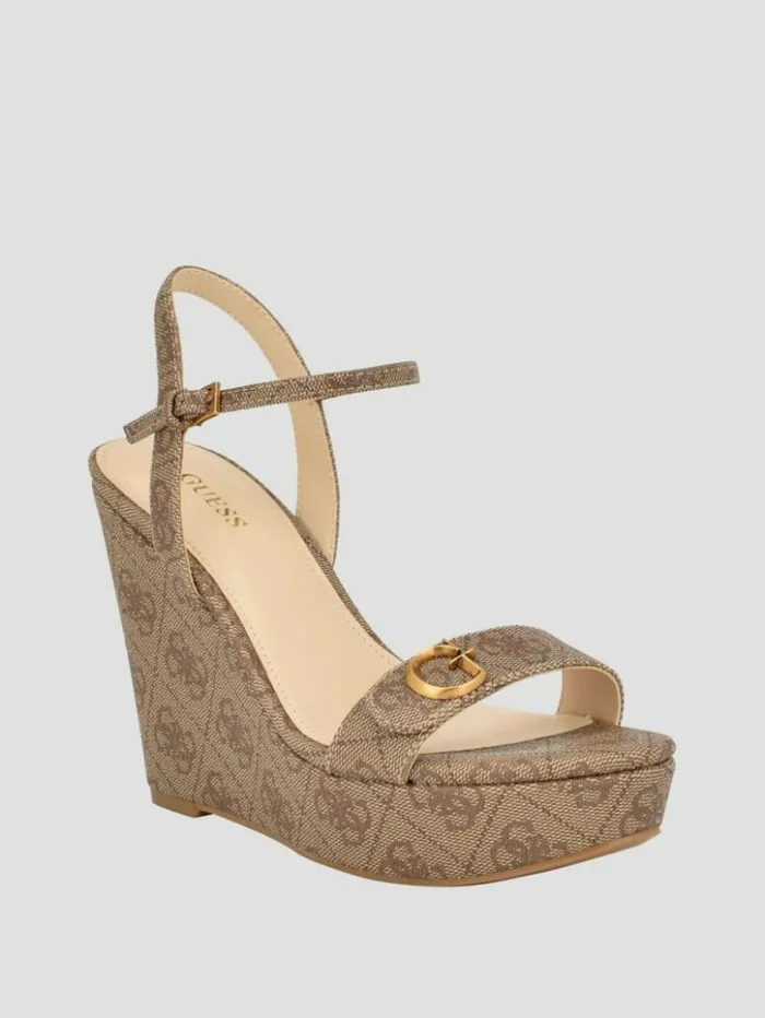 Women GUESS Heels Himifa Shimmer Metallic G Wedge Sandals Medium Brown