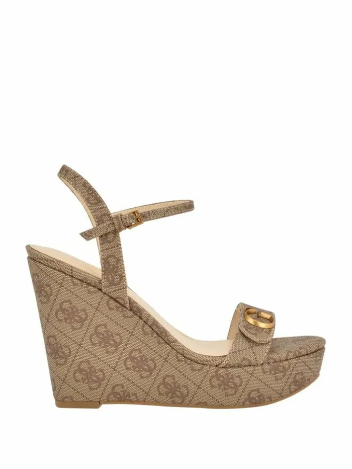 Women GUESS Heels Himifa Shimmer Metallic G Wedge Sandals Medium Brown