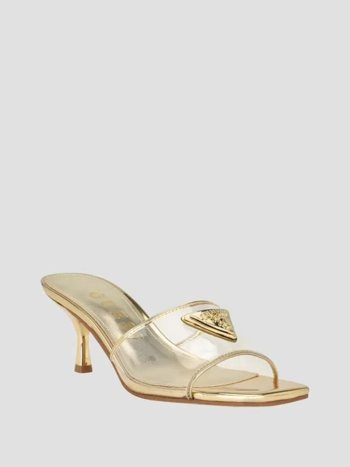 Women GUESS Heels Lusie Triangle Clear Kitten Mules Gold