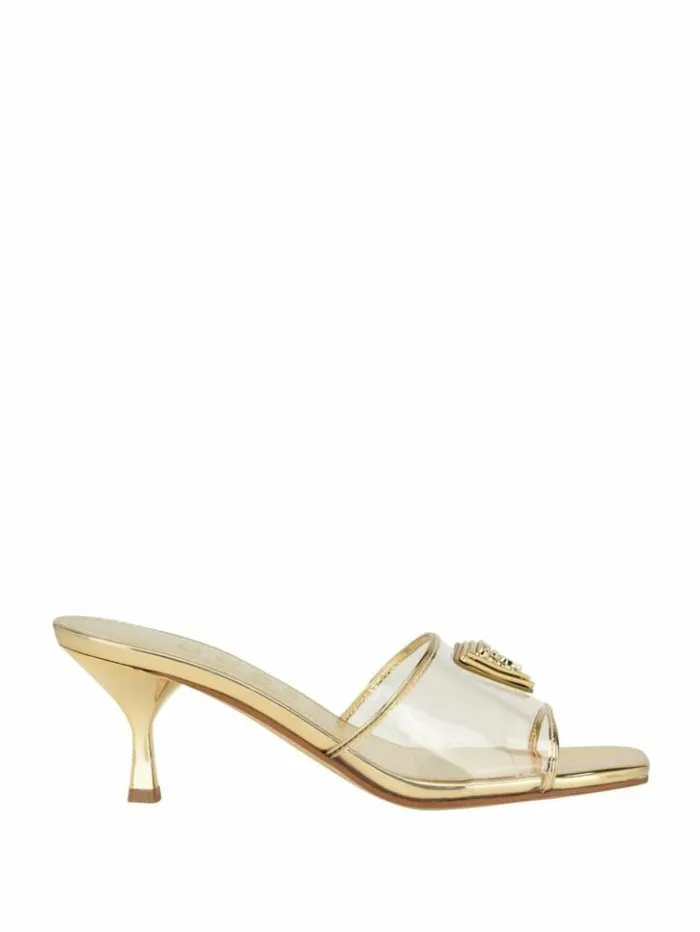 Women GUESS Heels Lusie Triangle Clear Kitten Mules Gold