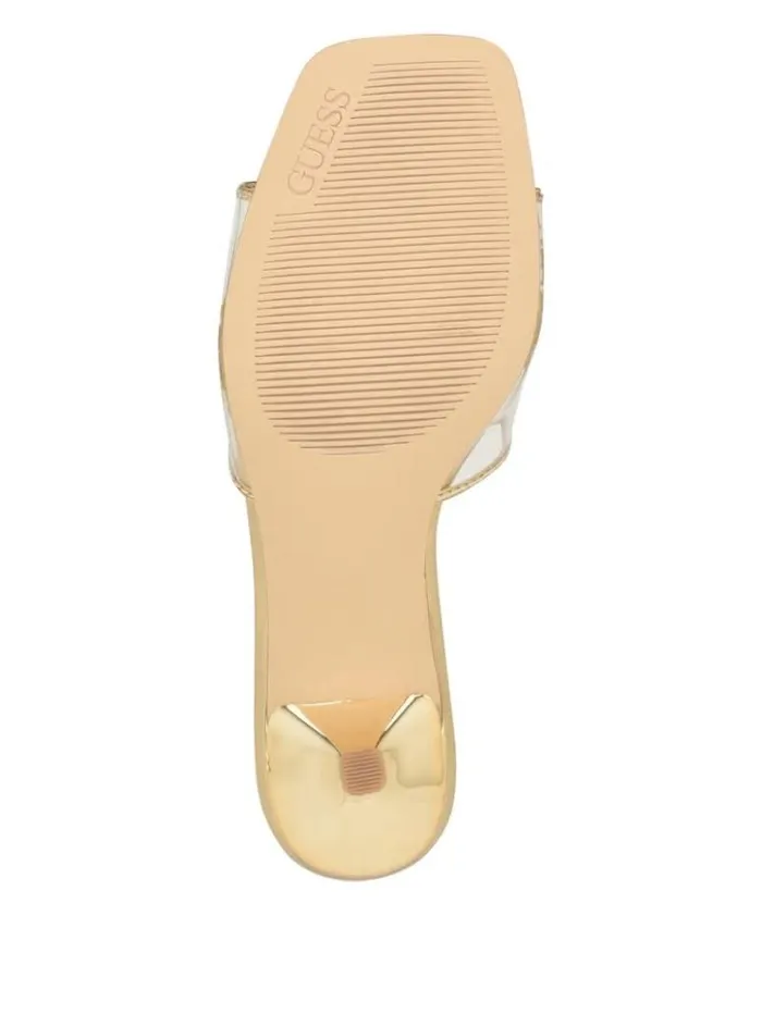 Women GUESS Heels Lusie Triangle Clear Kitten Mules Gold