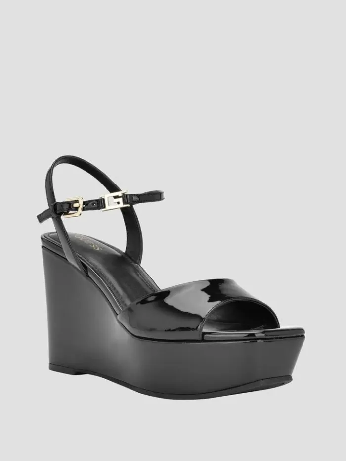 Women GUESS Heels Zione Patent Wedges Black 001