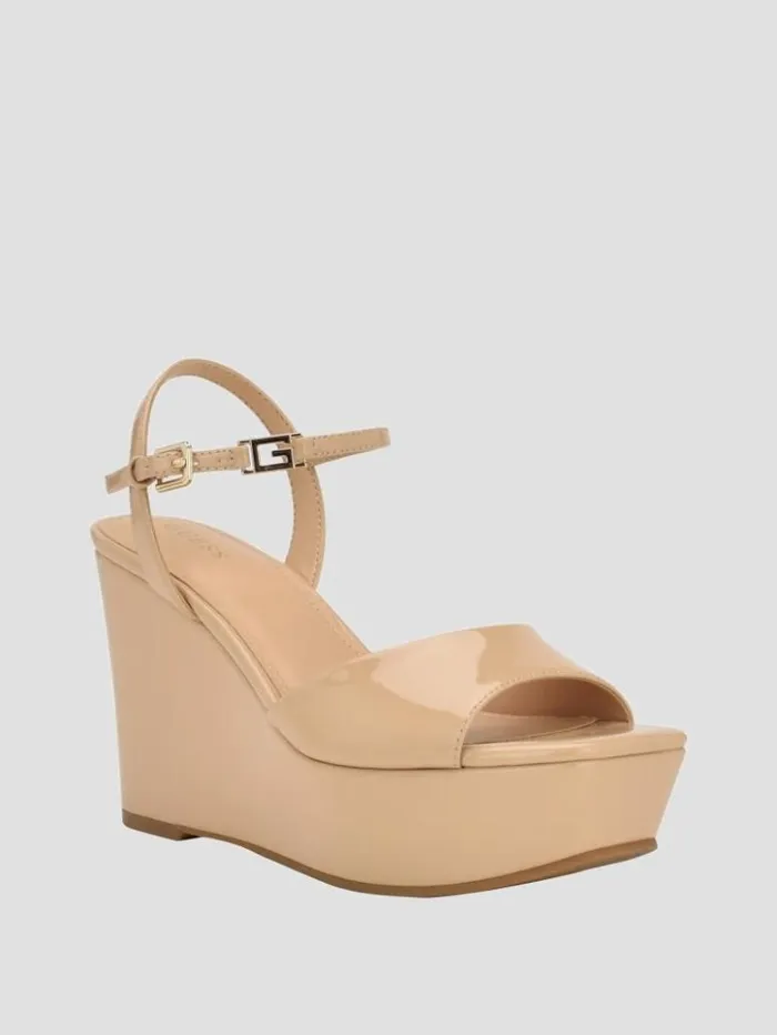 Women GUESS Heels Zione Patent Wedges Light Natural 110