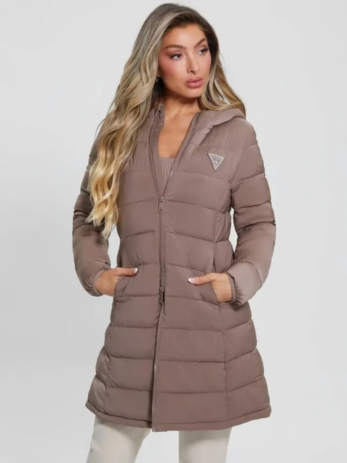 Women GUESS Jackets and Coats Aleta Long Puffer Jacket Soft Mink