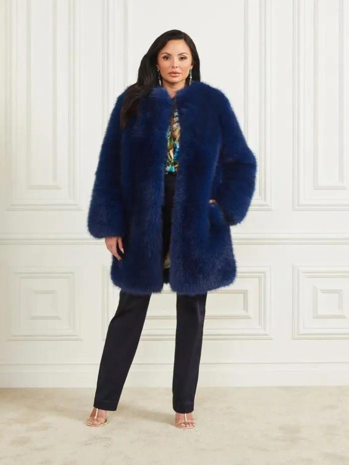 Women GUESS Jackets and Coats Amelie FauxFur Coat Still Night Multi