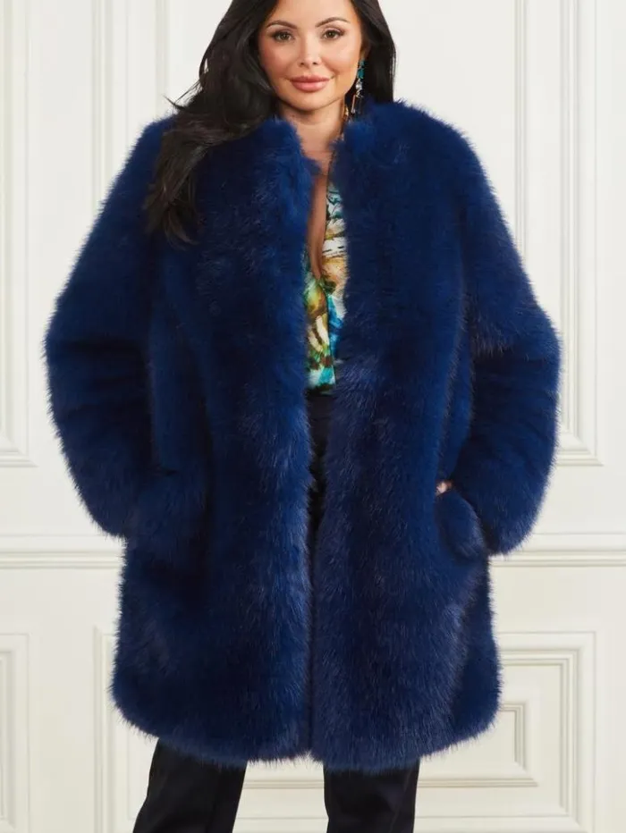 Women GUESS Jackets and Coats Amelie FauxFur Coat Still Night Multi