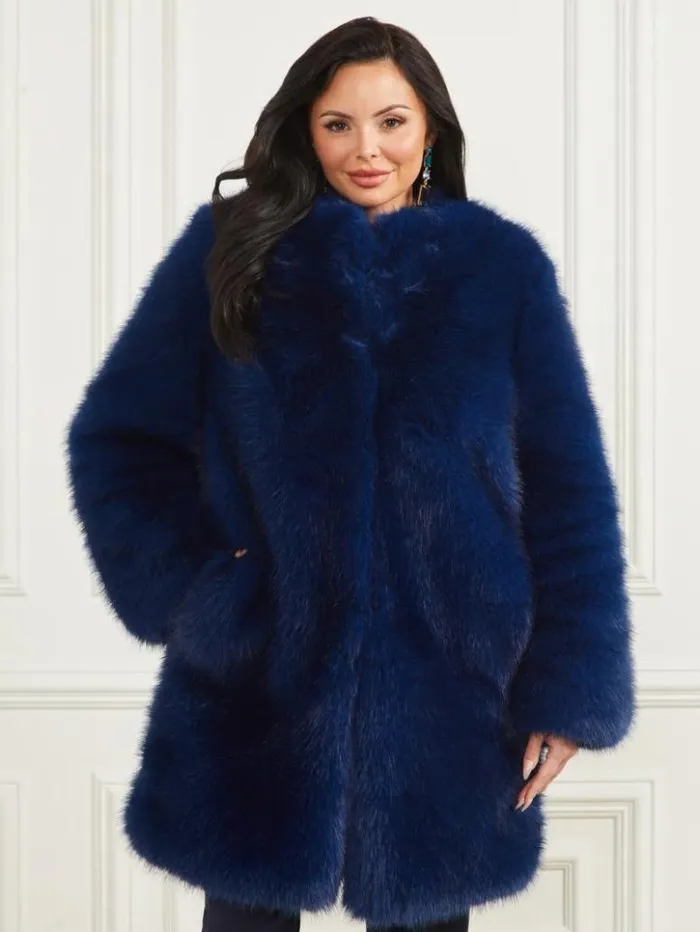 Women GUESS Jackets and Coats Amelie FauxFur Coat Still Night Multi