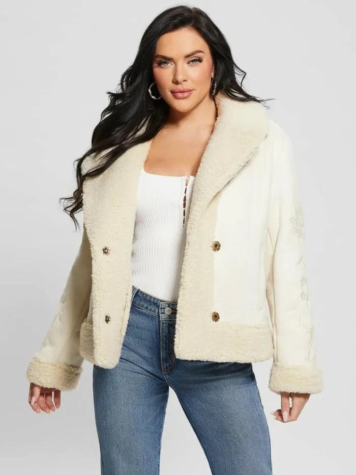 Women GUESS Jackets and Coats Ari FauxSuede Embroidered Jacket Muted Stone Multi Women GUESS Jackets and Coats Ari FauxSuede Embroidered Jacket Muted Stone Multi