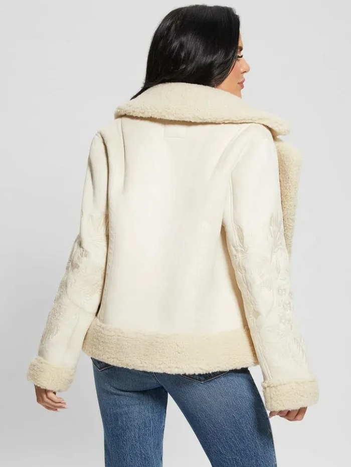 Women GUESS Jackets and Coats Ari FauxSuede Embroidered Jacket Muted Stone Multi Women GUESS Jackets and Coats Ari FauxSuede Embroidered Jacket Muted Stone Multi
