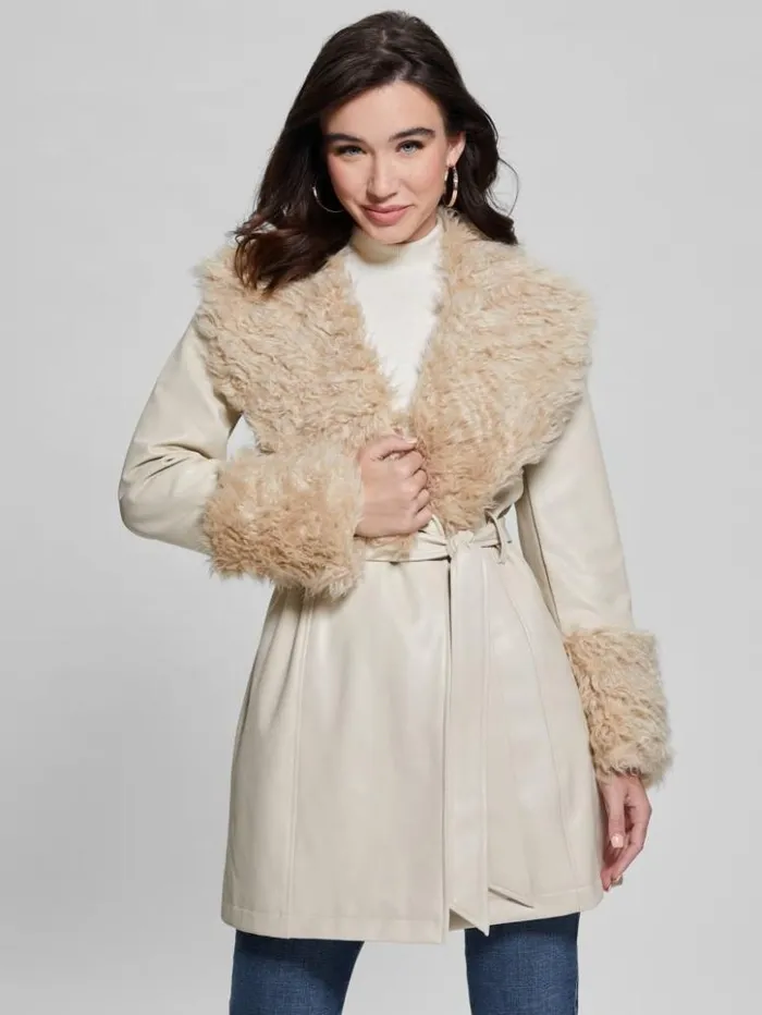 Women GUESS Jackets and Coats Aurora FauxLeather Coat Pearl Oyster Multi