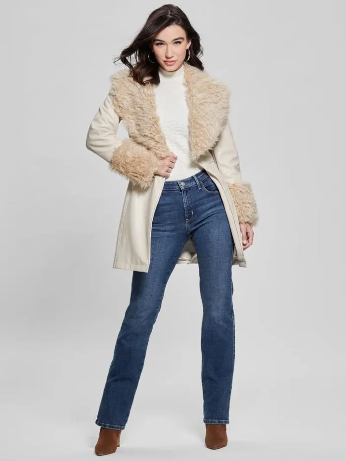 Women GUESS Jackets and Coats Aurora FauxLeather Coat Pearl Oyster Multi