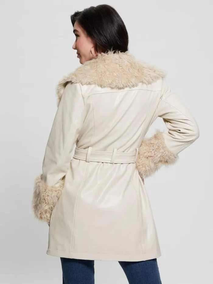 Women GUESS Jackets and Coats Aurora FauxLeather Coat Pearl Oyster Multi