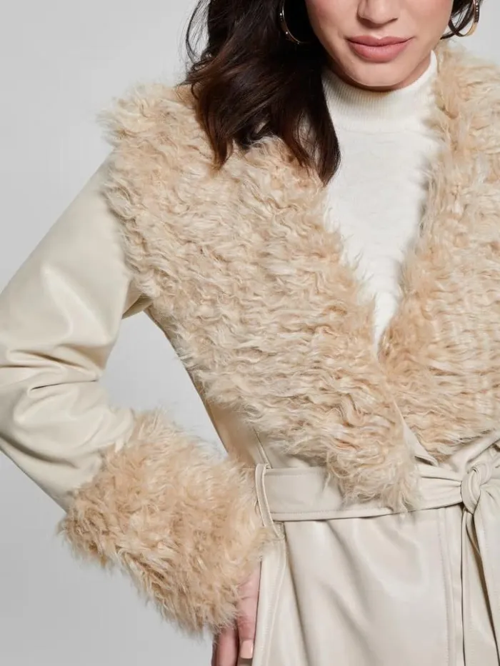 Women GUESS Jackets and Coats Aurora FauxLeather Coat Pearl Oyster Multi
