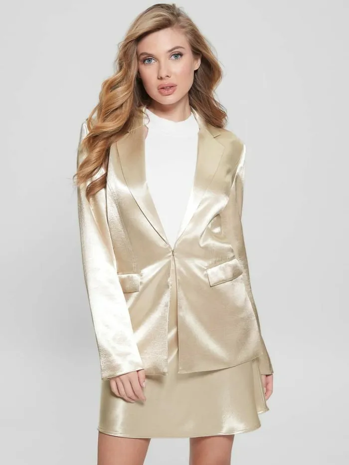 Women GUESS Jackets and Coats Breta Satin Blazer Pearl Oyster