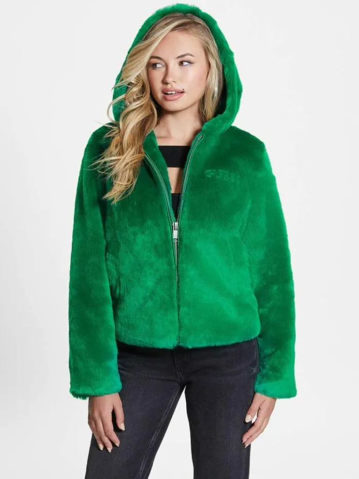 Women GUESS Jackets and Coats Dafne FauxFur Jacket Valley Green