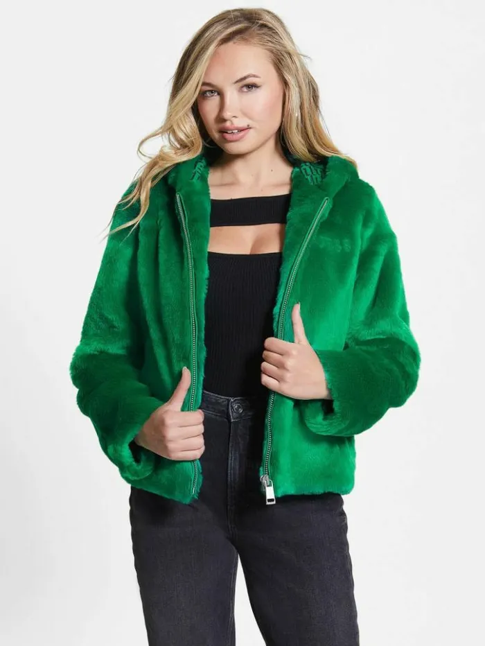 Women GUESS Jackets and Coats Dafne FauxFur Jacket Valley Green