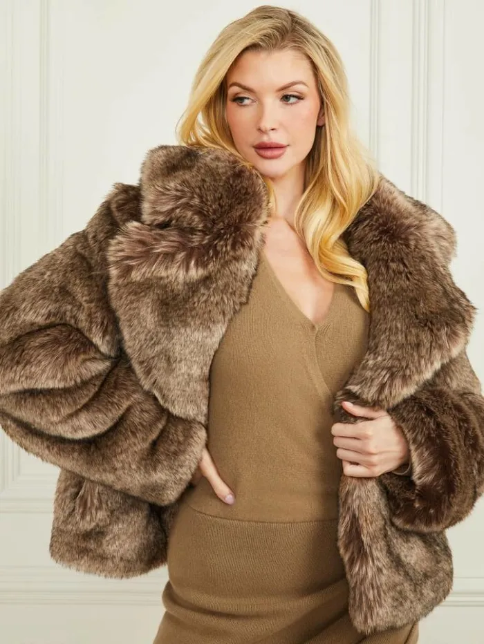Women GUESS Jackets and Coats Duchesse FauxFur Jacket Dark Dune Multi