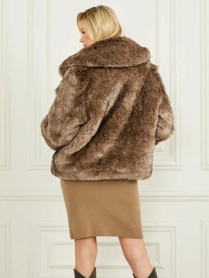 Women GUESS Jackets and Coats Duchesse FauxFur Jacket Dark Dune Multi