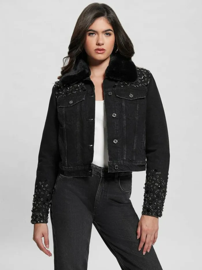 Women GUESS Jackets and Coats Eco Doria Shearling Collar Denim Jacket Craters Stones Women GUESS Jackets and Coats Eco Doria Shearling Collar Denim Jacket Craters Stones