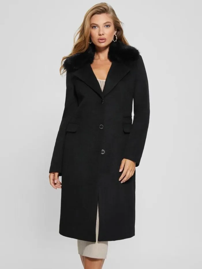 Women GUESS Jackets and Coats Eco Laurence FauxFur Midi Coat Black