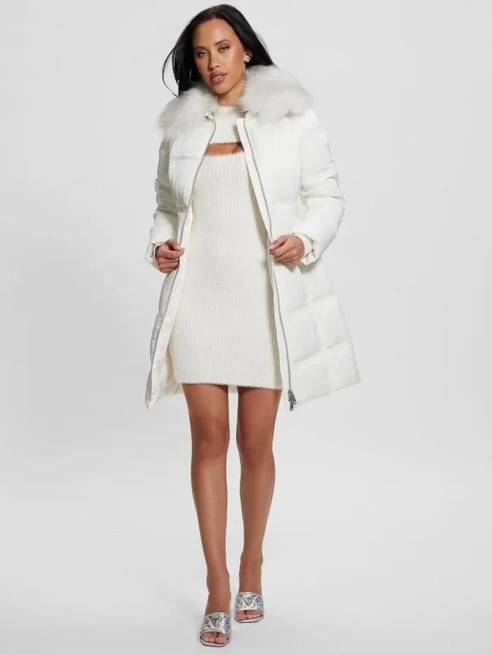 Women GUESS Jackets and Coats Eco Marisol Belted Puffer Coat Salt White