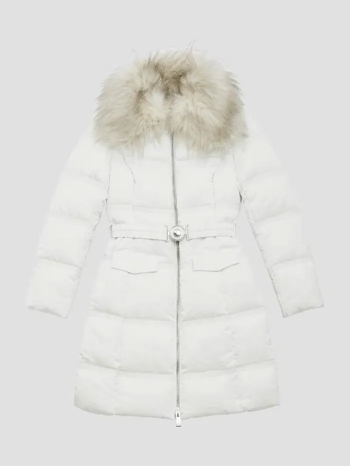 Women GUESS Jackets and Coats Eco Marisol Belted Puffer Coat Salt White