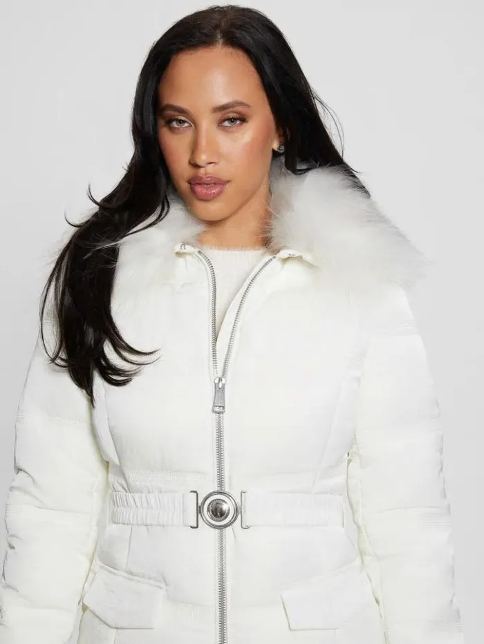 Women GUESS Jackets and Coats Eco Marisol Belted Puffer Coat Salt White