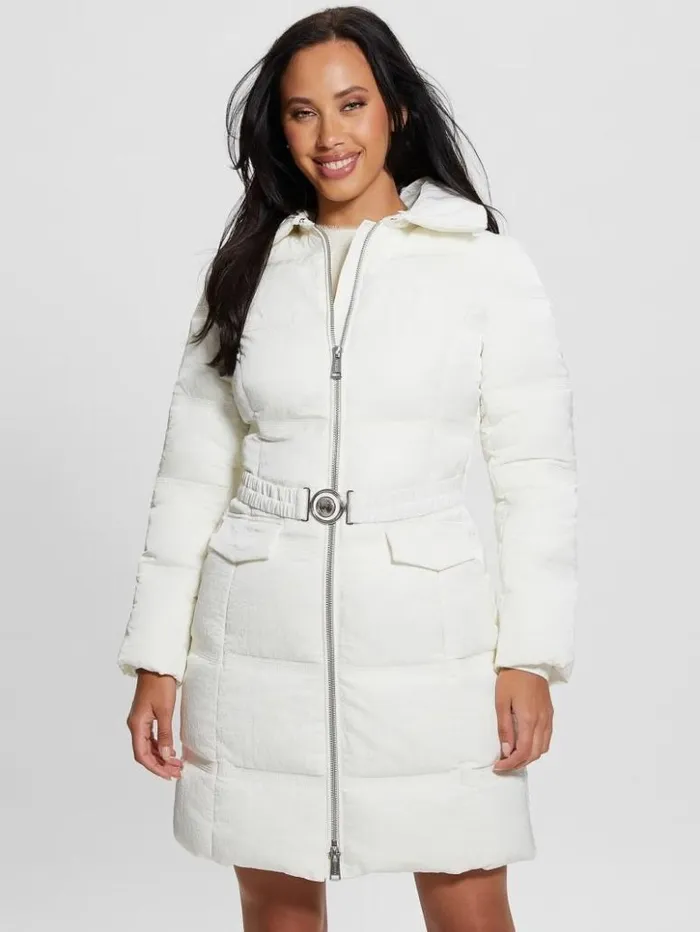 Women GUESS Jackets and Coats Eco Marisol Belted Puffer Coat Salt White