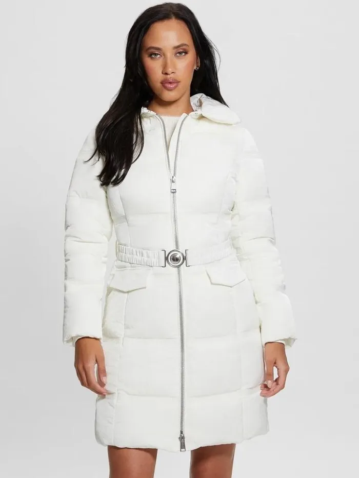 Women GUESS Jackets and Coats Eco Marisol Belted Puffer Coat Salt White