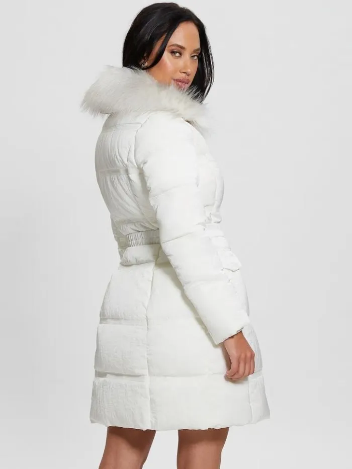 Women GUESS Jackets and Coats Eco Marisol Belted Puffer Coat Salt White