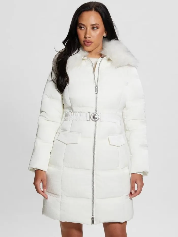 Women GUESS Jackets and Coats Eco Marisol Belted Puffer Coat Salt White
