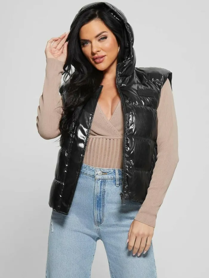 Women GUESS Jackets and Coats Eco Noemi Quilted Vest Jet Black Multi