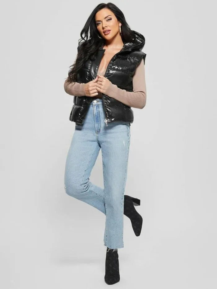 Women GUESS Jackets and Coats Eco Noemi Quilted Vest Jet Black Multi