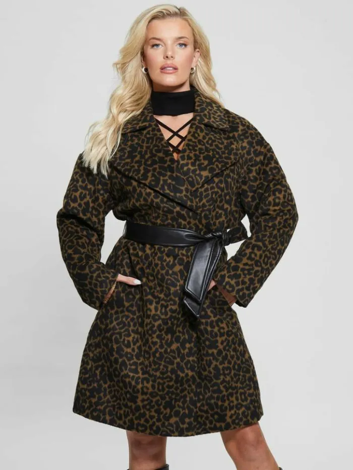 Women GUESS Jackets and Coats Eco Patrizia Belted Coat Leopard Brown