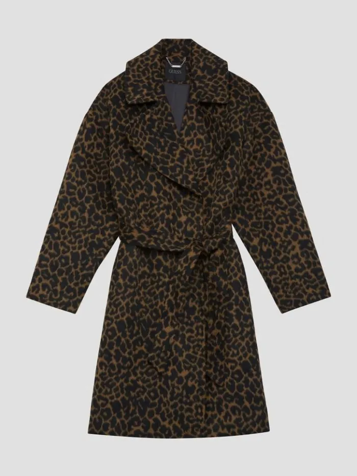 Women GUESS Jackets and Coats Eco Patrizia Belted Coat Leopard Brown