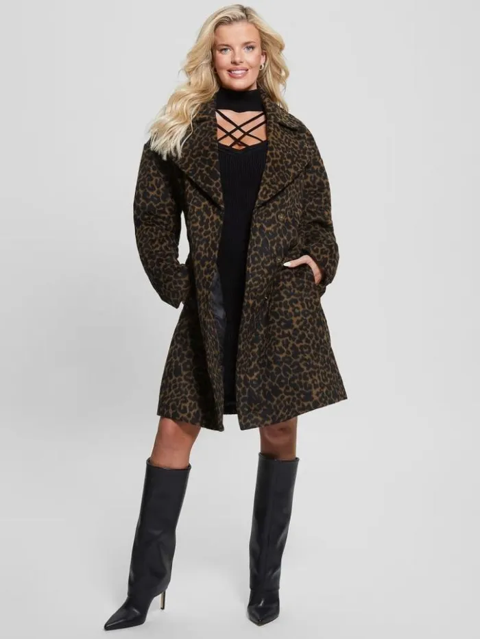 Women GUESS Jackets and Coats Eco Patrizia Belted Coat Leopard Brown