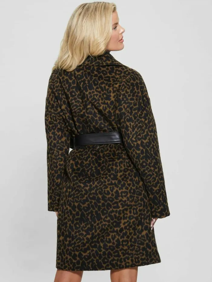 Women GUESS Jackets and Coats Eco Patrizia Belted Coat Leopard Brown