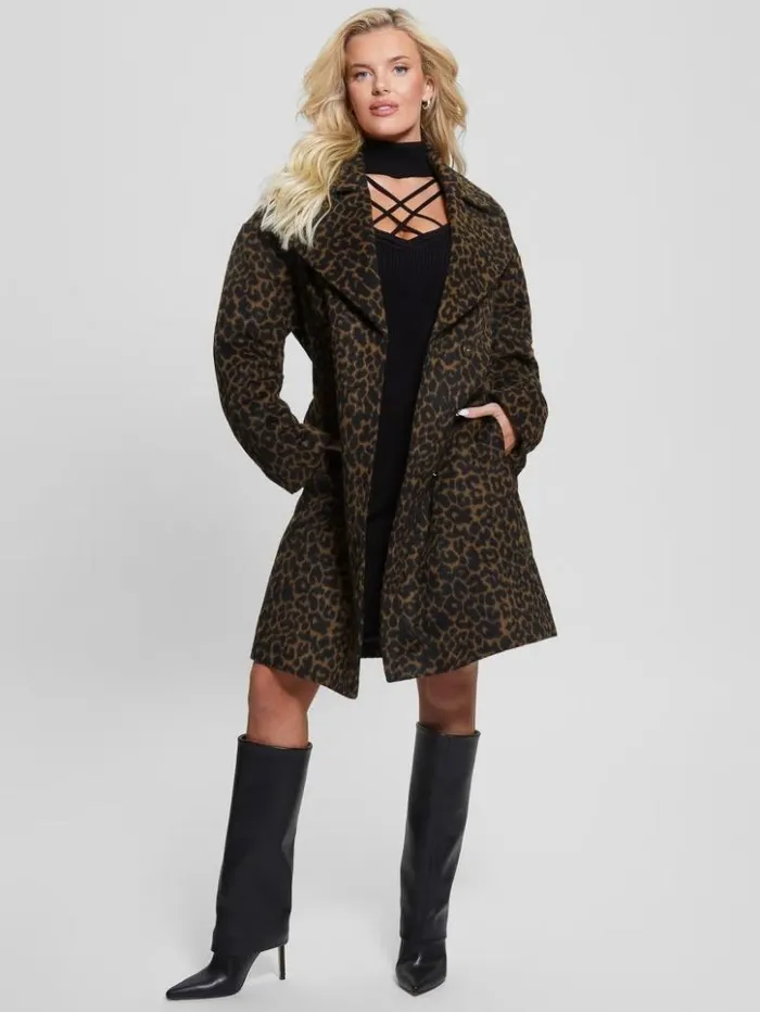 Women GUESS Jackets and Coats Eco Patrizia Belted Coat Leopard Brown