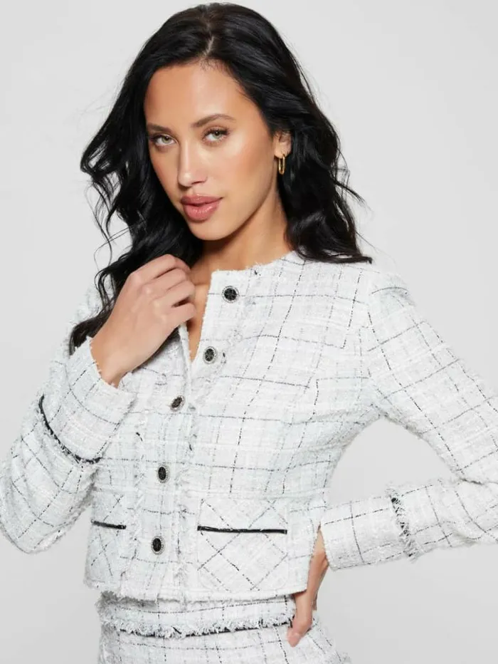 Women GUESS Jackets and Coats Eco Sofia Tweed Jacket Check Tweed White Combo Women GUESS Jackets and Coats Eco Sofia Tweed Jacket Check Tweed White Combo