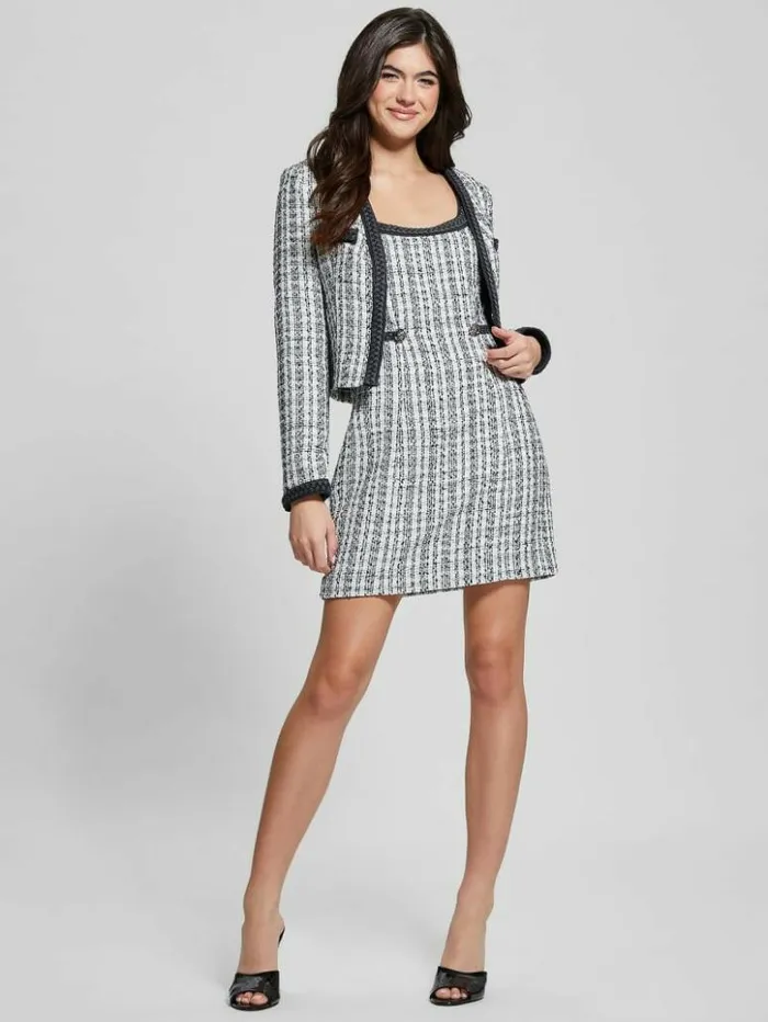 Women GUESS Jackets and Coats Eco Tosca Tweed Jacket Black And White Boucle Co Women GUESS Jackets and Coats Eco Tosca Tweed Jacket Black And White Boucle Co