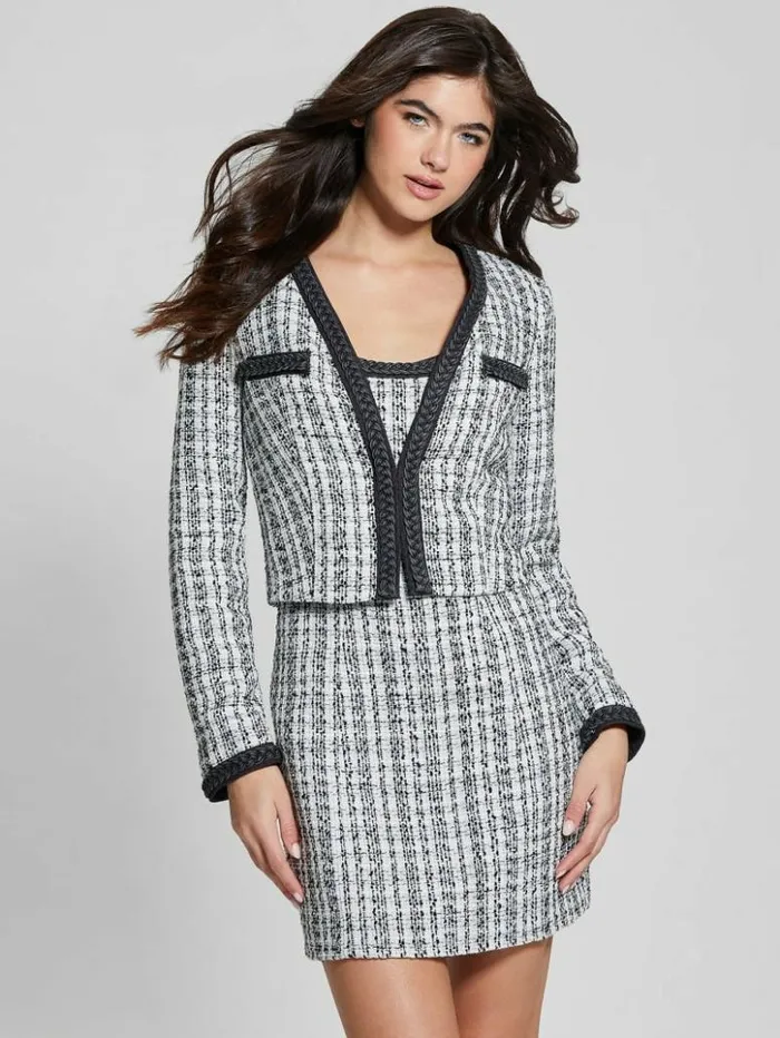 Women GUESS Jackets and Coats Eco Tosca Tweed Jacket Black And White Boucle Co Women GUESS Jackets and Coats Eco Tosca Tweed Jacket Black And White Boucle Co